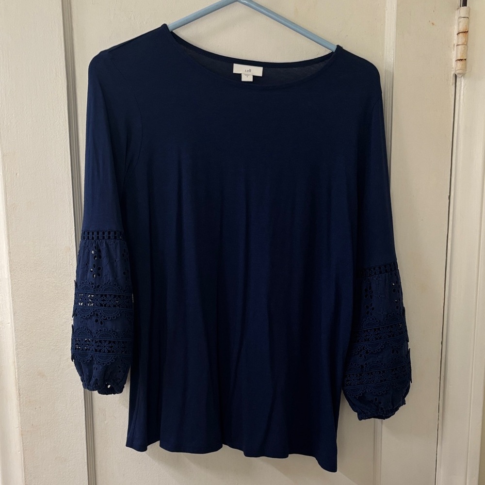 J. Jill Navy Blouse with Crochet Sleeves